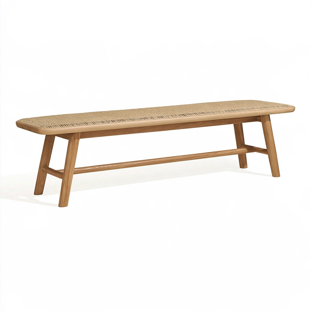 Panca 160 x 40 x 45 cm in legno naturale con seduta intrecciata stile nordico