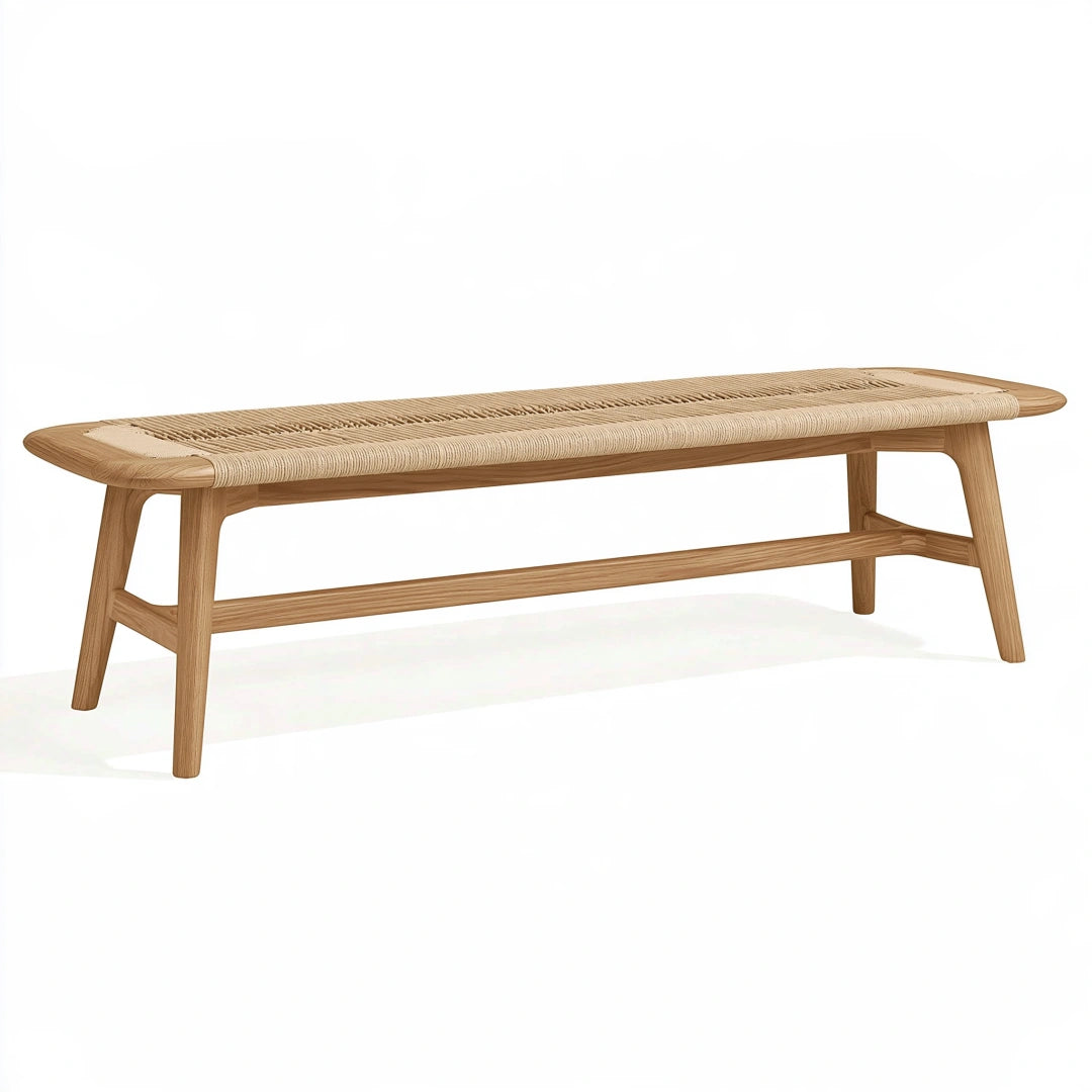 Panca 120 x 40 x 45 cm in legno naturale con seduta intrecciata - stile nordico