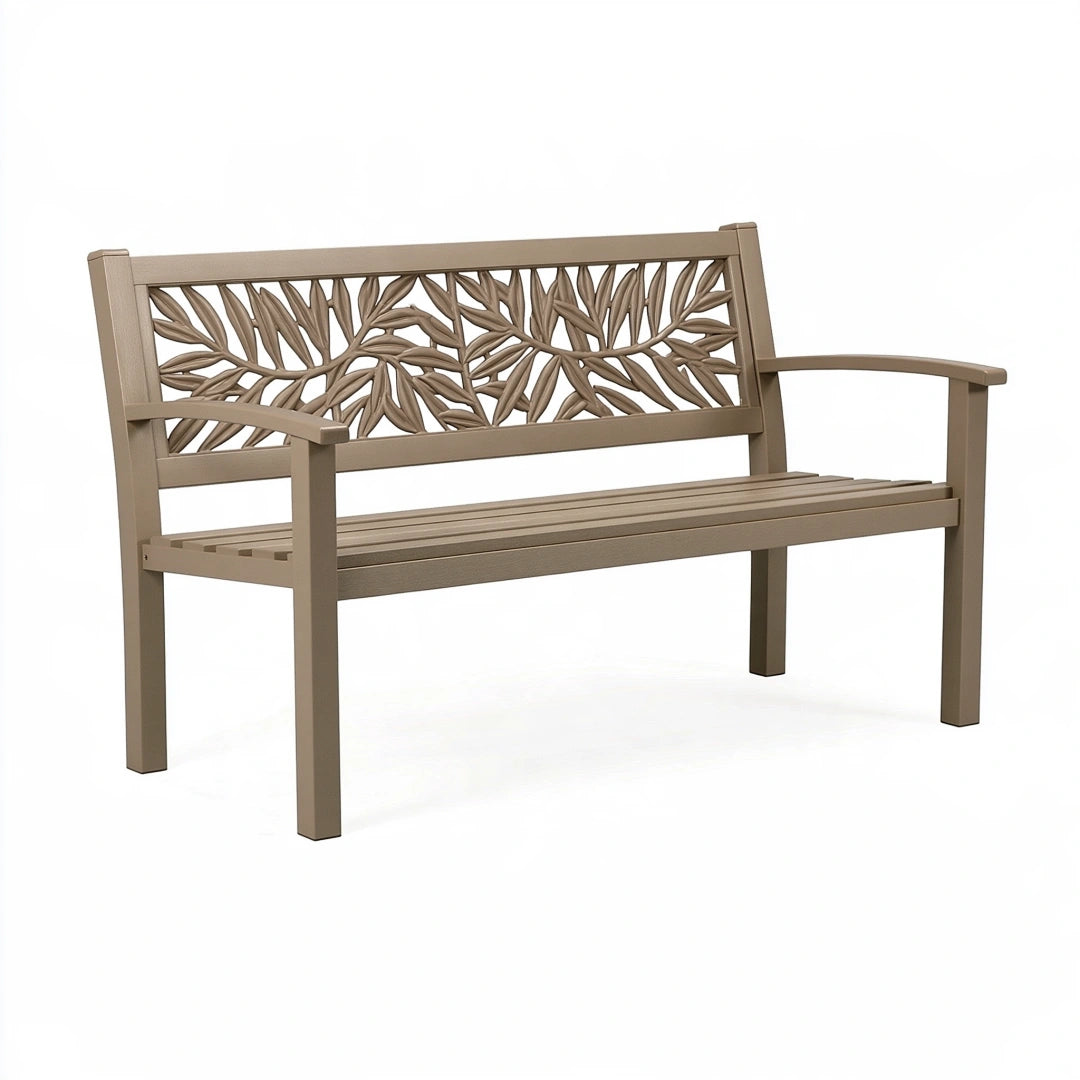 Panca da giardino 122 x 61 x 89 cm in plastica tortora con schienale decorativo
