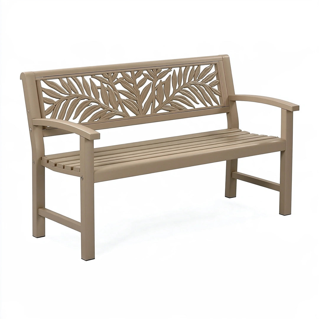 Panca da giardino 122 x 60 x 90 cm in metallo tortora con schienale decorativo