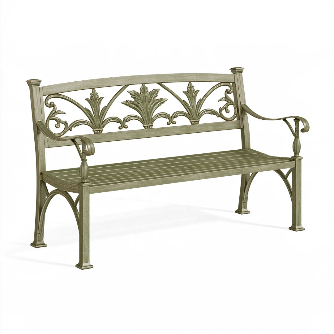 Panchina da giardino 150 cm in metallo verde oliva con schienale decorativo