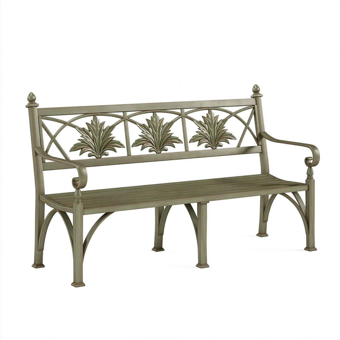 Panchina da giardino 150 x 60 x 95 cm in metallo verde salvia - schienale decorativo