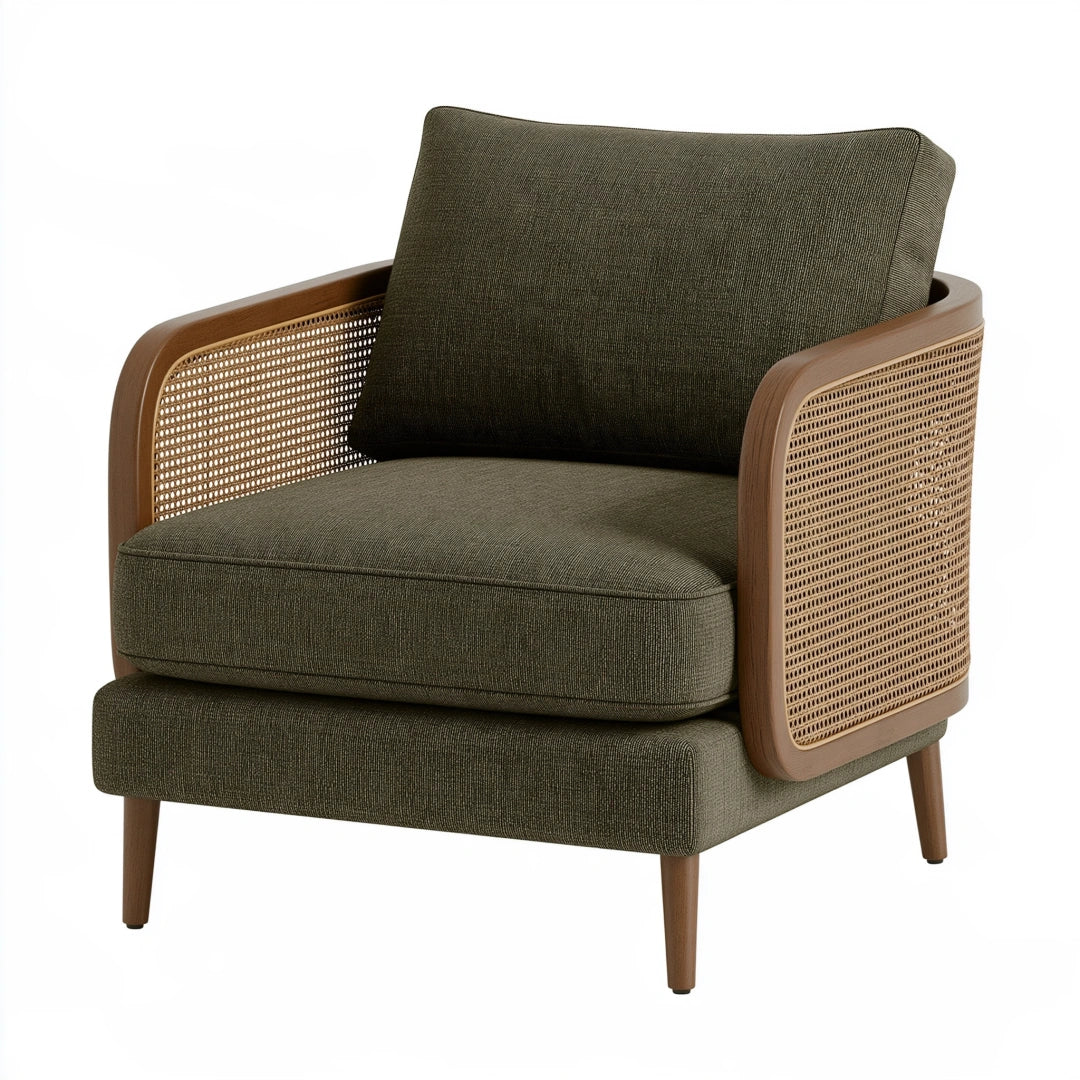 Poltrona 78 x 82 x 84 cm in tessuto verde oliva e legno con intreccio in rattan stile moderno