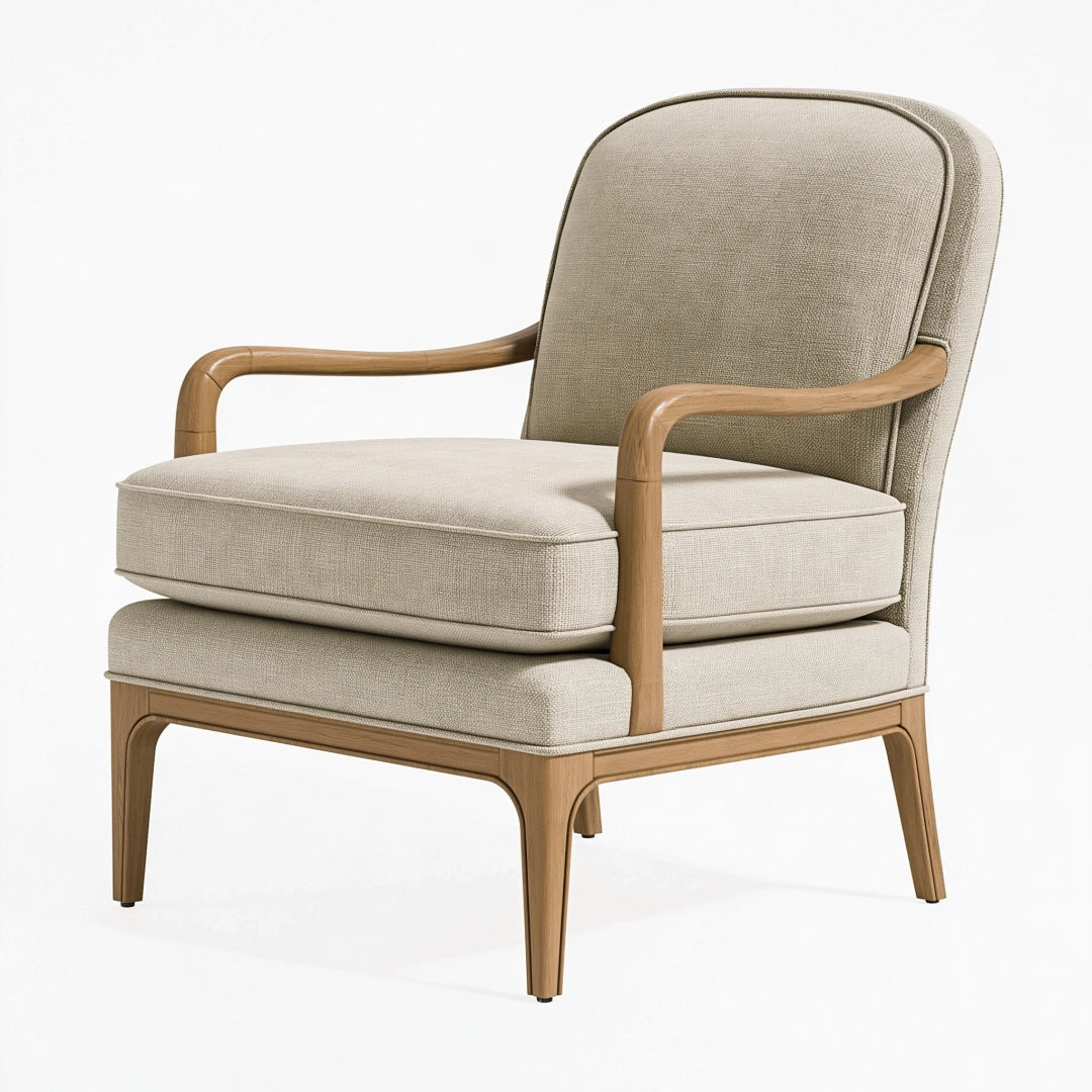 Poltrona 70 x 78 x 92 cm in tessuto beige e legno con braccioli stile contemporaneo