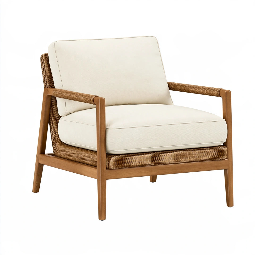 Poltrona 78 x 82 x 82 cm in legno e fibra intrecciata marrone con rivestimento avorio