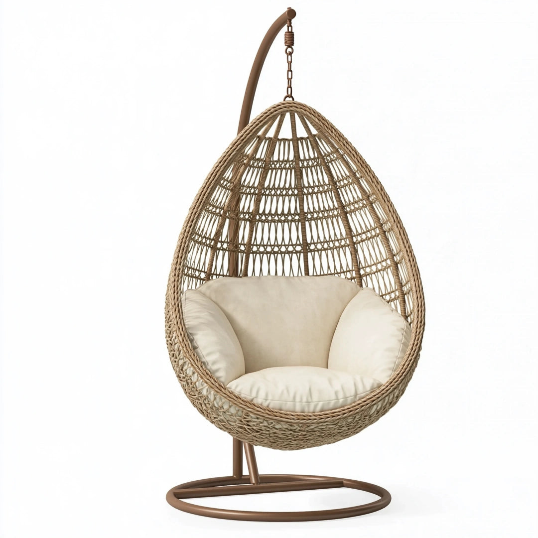 Poltrona sospesa 105 x 105 x 195 cm in fibra intrecciata beige con supporto in metallo per interni