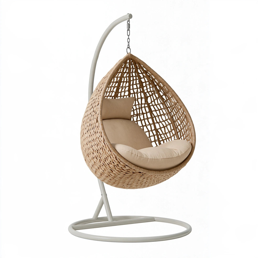 Poltrona sospesa 105 x 105 x 195 cm in intreccio beige con supporto in metallo per interni stile boho