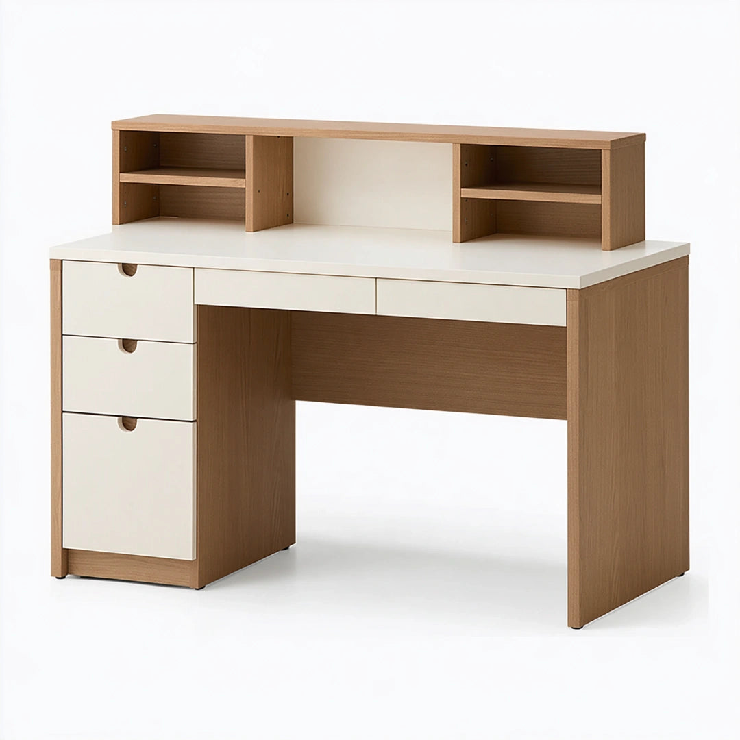 Scrivania con ripiani 120 x 60 x 105 cm effetto legno rovere e bianco per studio con cassetti