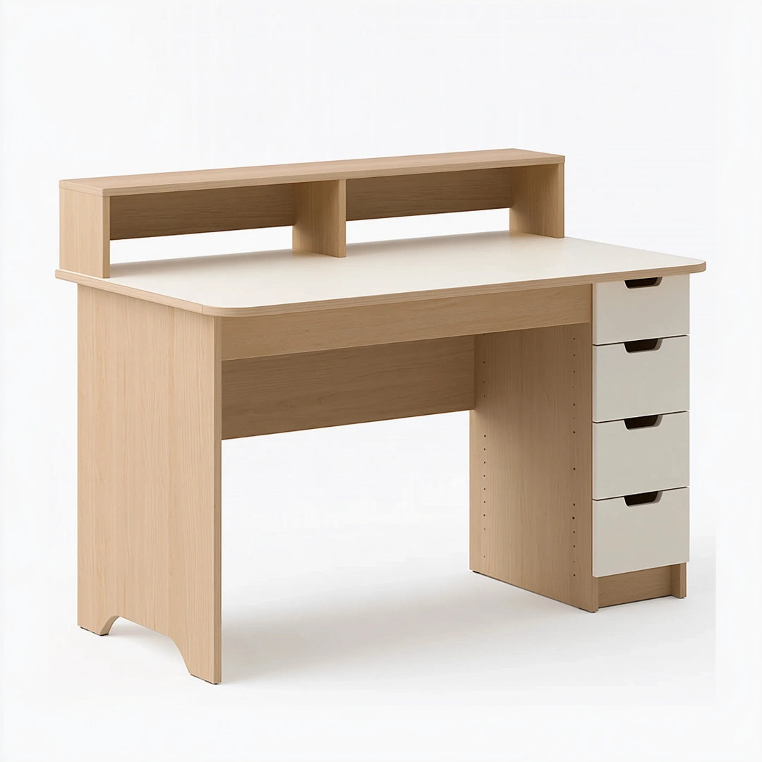 Scrivania 120x60x100 cm in legno chiaro e bianco con 4 cassetti e alzata