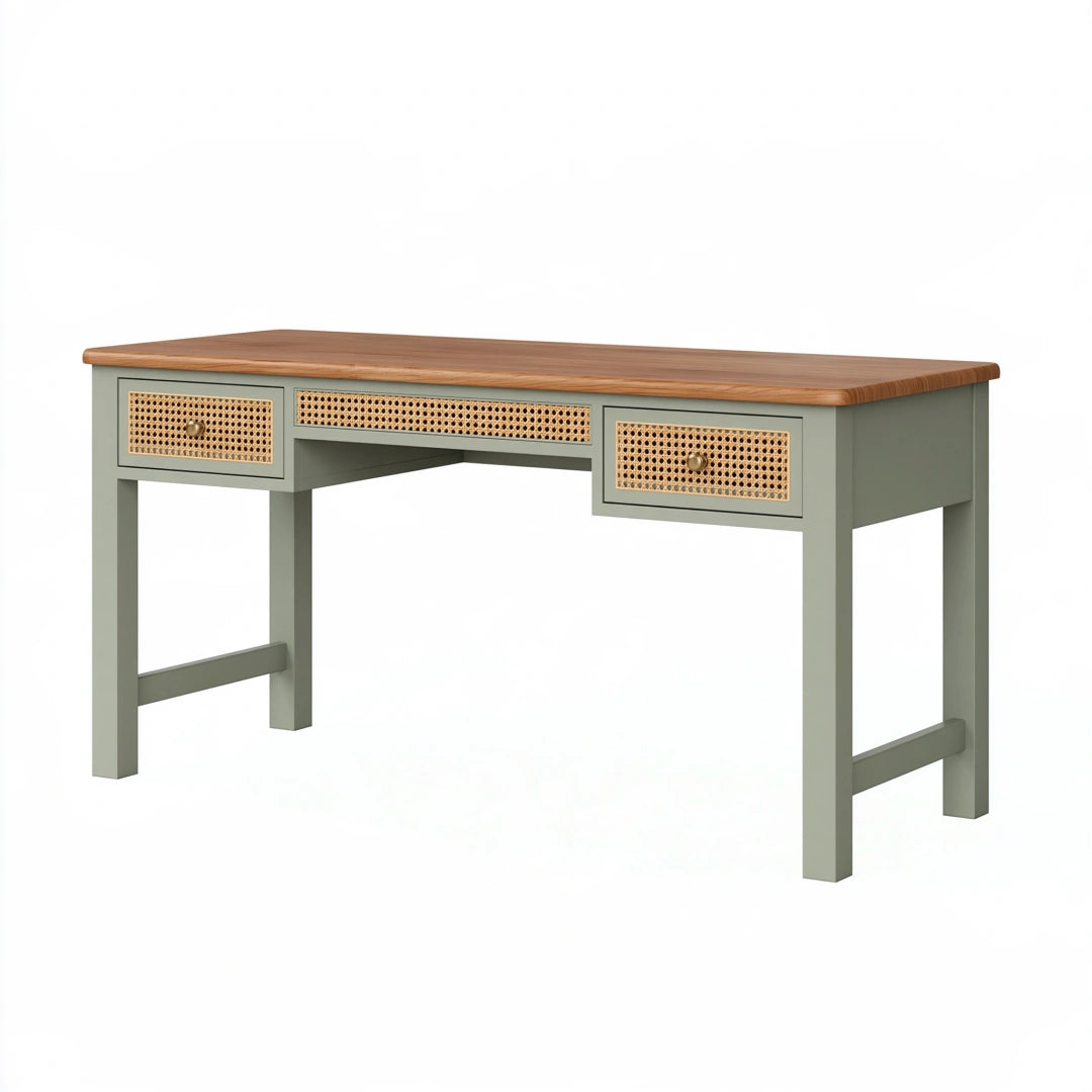 Scrivania 140 x 60 x 75 cm in legno verde salvia con cassetti in rattan stile naturale