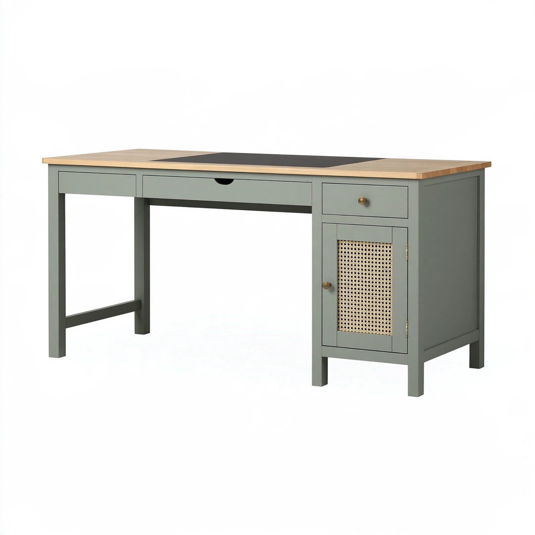 Scrivania 140 x 60 x 75 cm in legno verde salvia con cassetti e anta in rattan